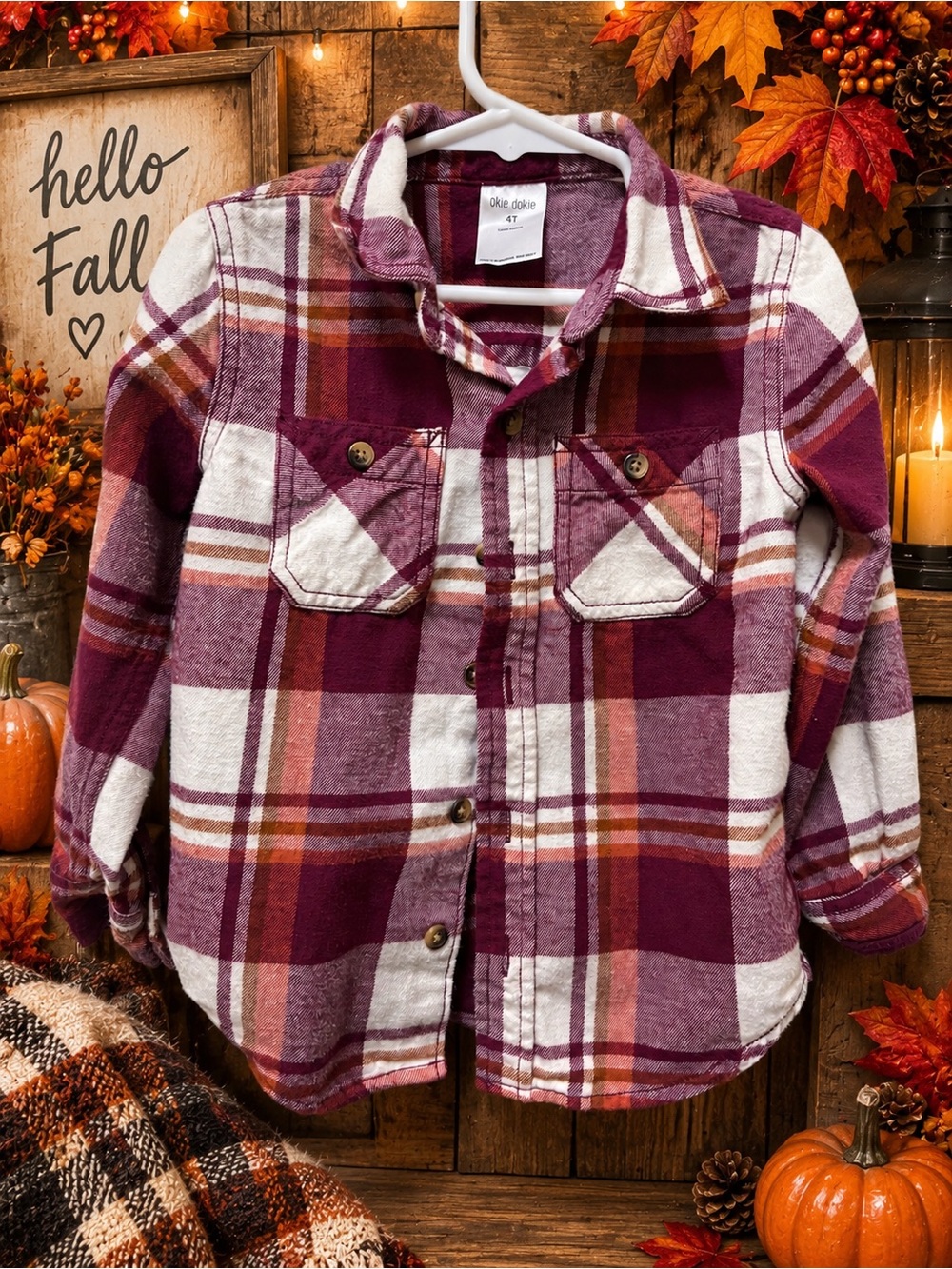 Childrens Burgundy Plaid Button-Up Shirt Jacket - Okie Dokie